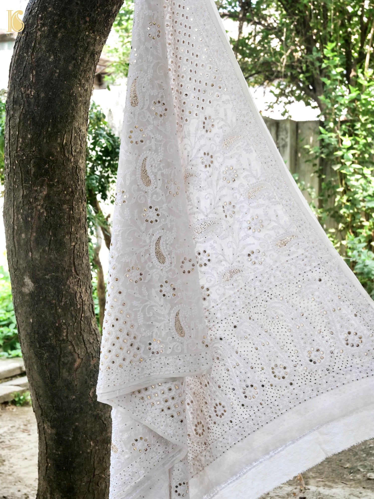 Pure Georgette Chikankari Mukaish Kalgha Dupatta in White