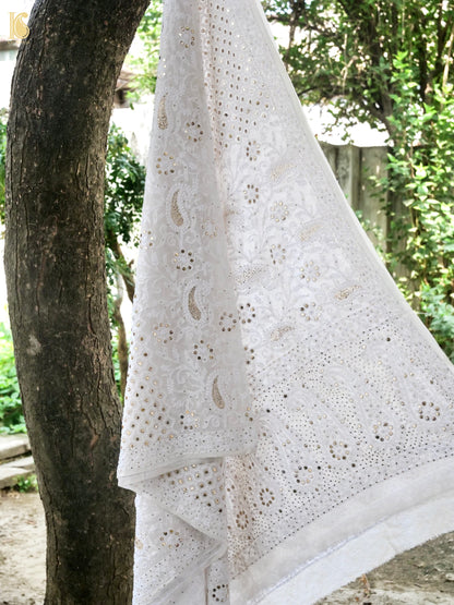 Pure Georgette Chikankari Mukaish Kalgha Dupatta in White