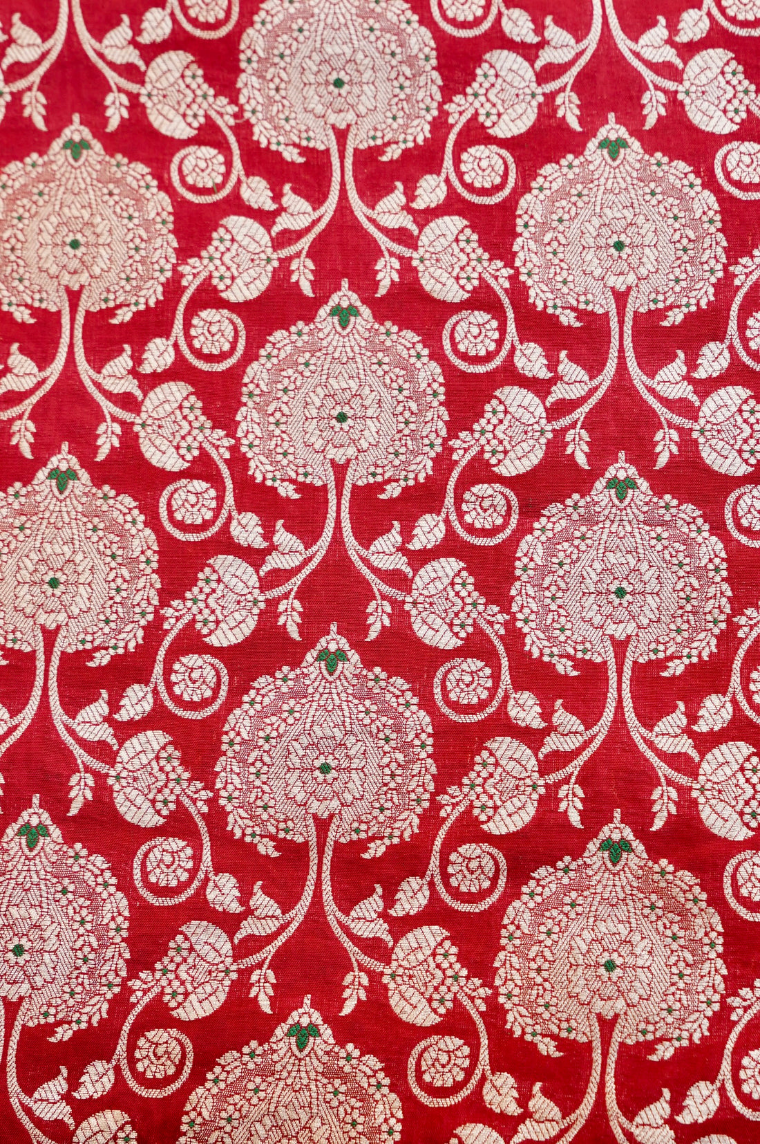 Pure Brocade Banarasi Peony Vine Fabric in Red - Khinkhwab