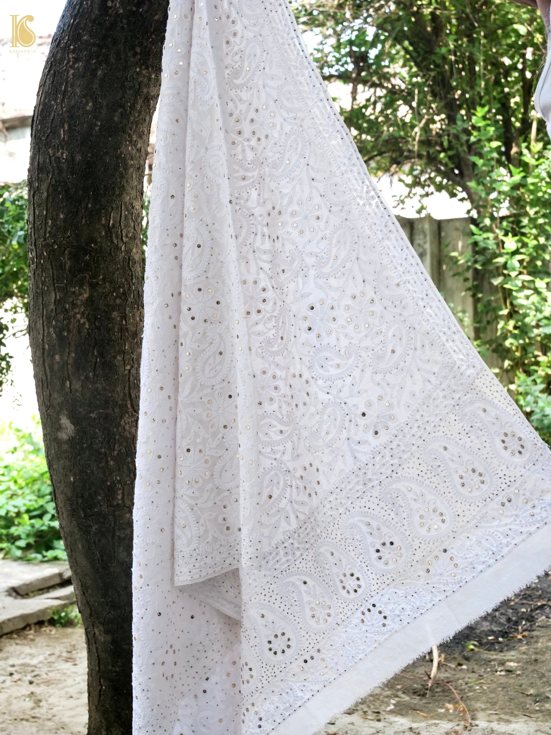 Pure Georgette Chikankari Mukaish Phulwar Jaal Dupatta in White