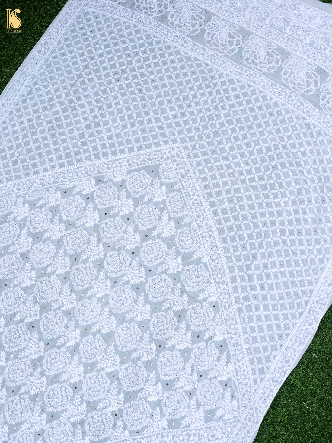 Pure Georgette Chikankari Mukaish Dupatta in White