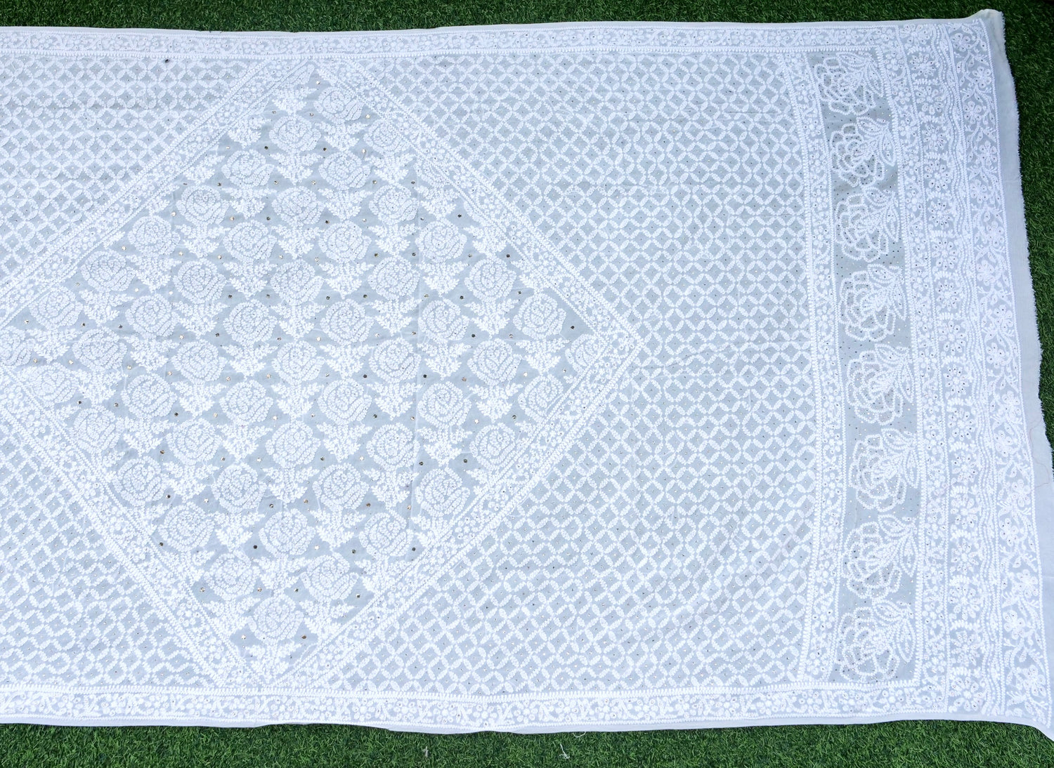 Pure Georgette Chikankari Mukaish Dupatta in White