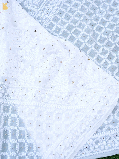 Pure Georgette Chikankari Mukaish Dupatta in White