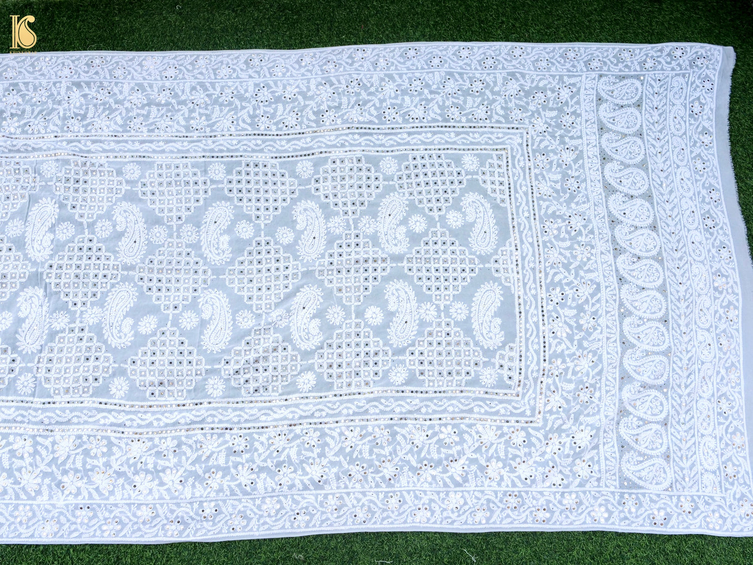 Pure Georgette Chikankari Mukaish Dupatta in White