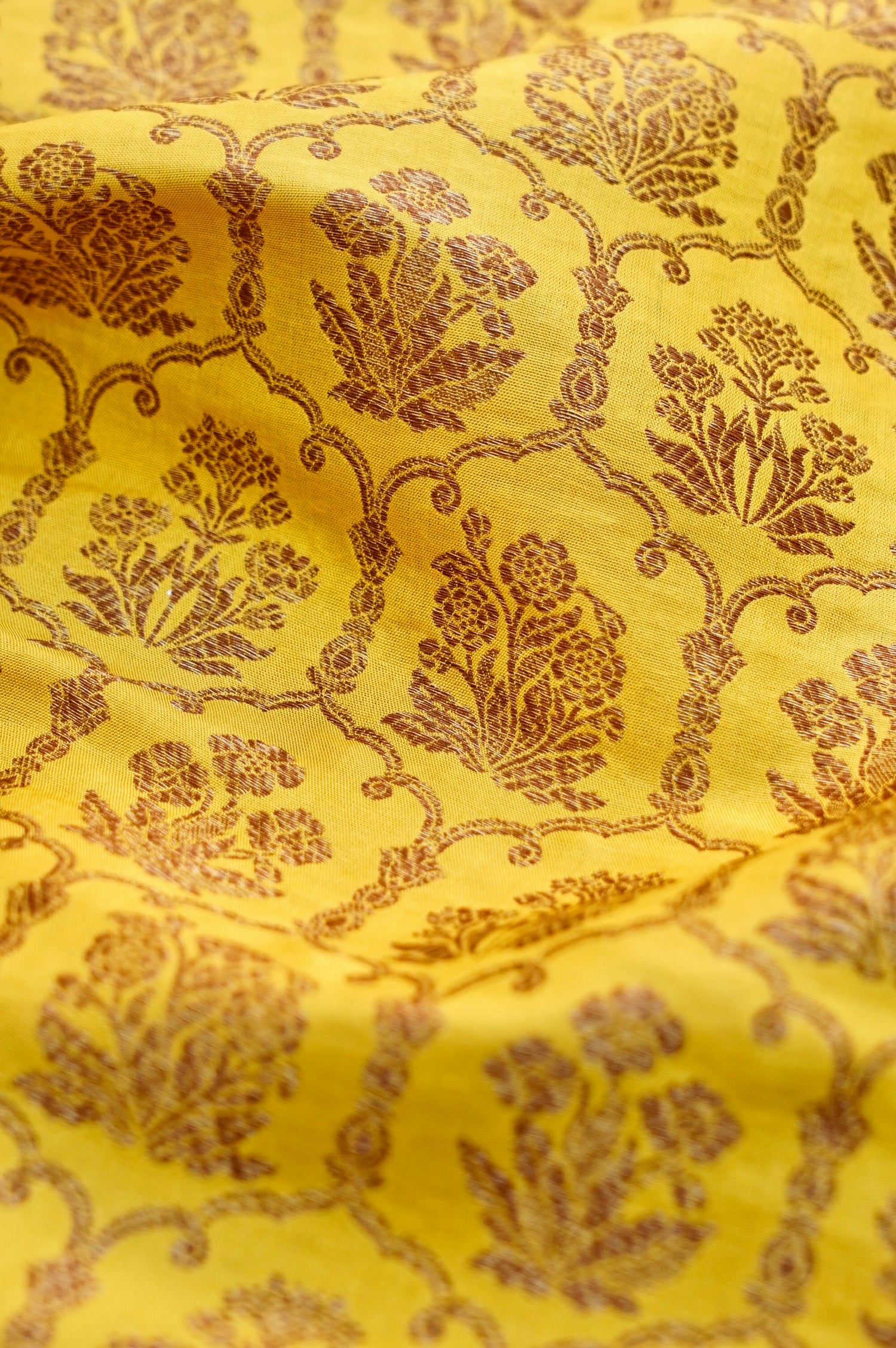 Pure Brocade Banarasi Fabric in Yellow Floral Jaal - Khinkhwab