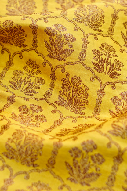 Pure Brocade Banarasi Fabric in Yellow Floral Jaal - Khinkhwab