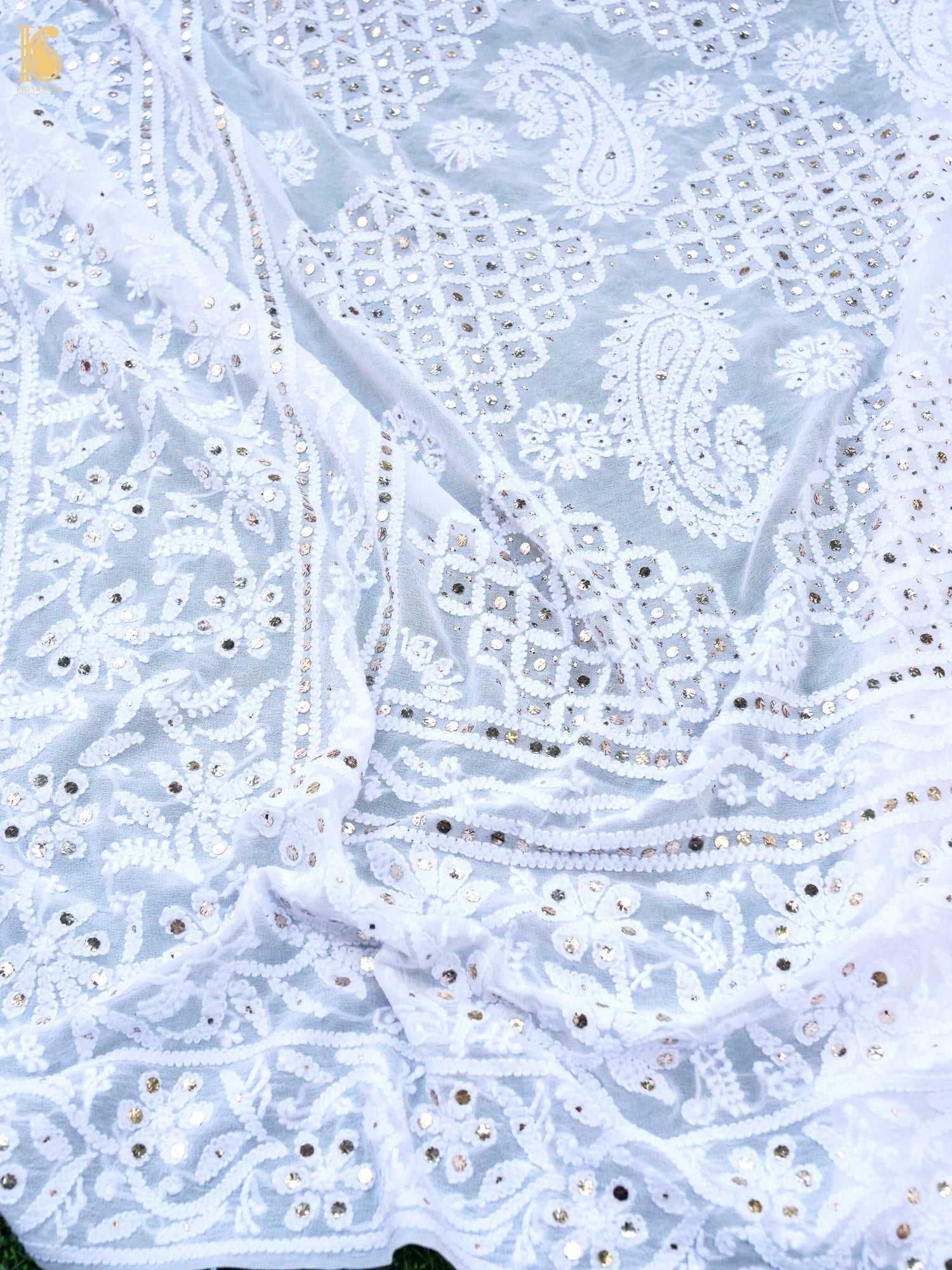 Pure Georgette Chikankari Mukaish Dupatta in White