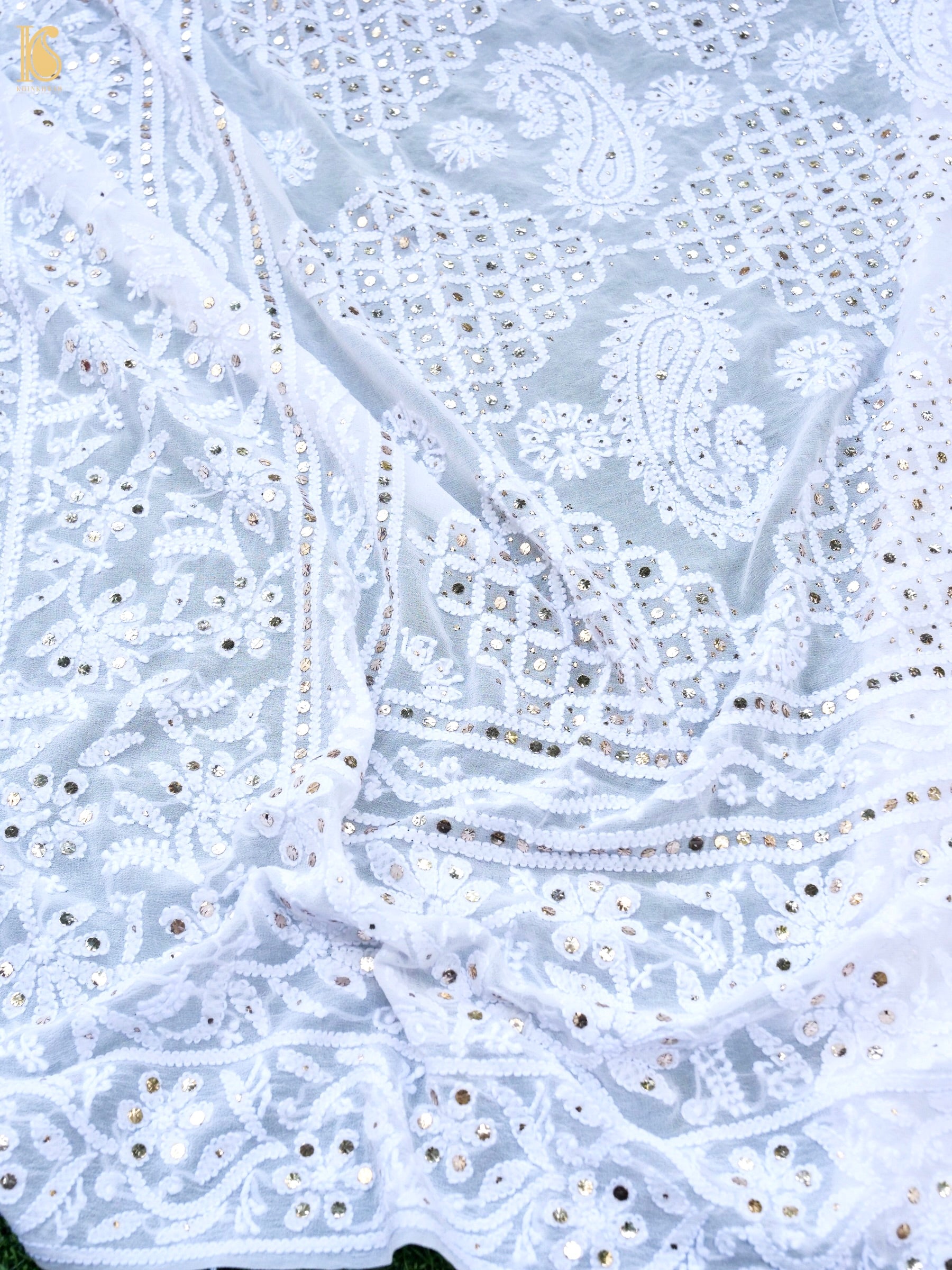 Pure Georgette Chikankari Mukaish Dupatta in White