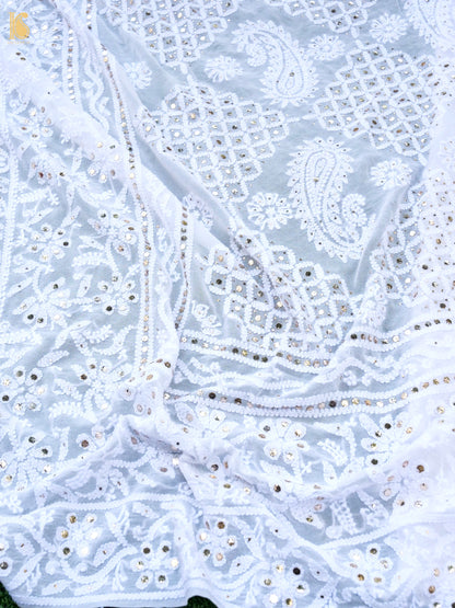 Pure Georgette Chikankari Mukaish Dupatta in White