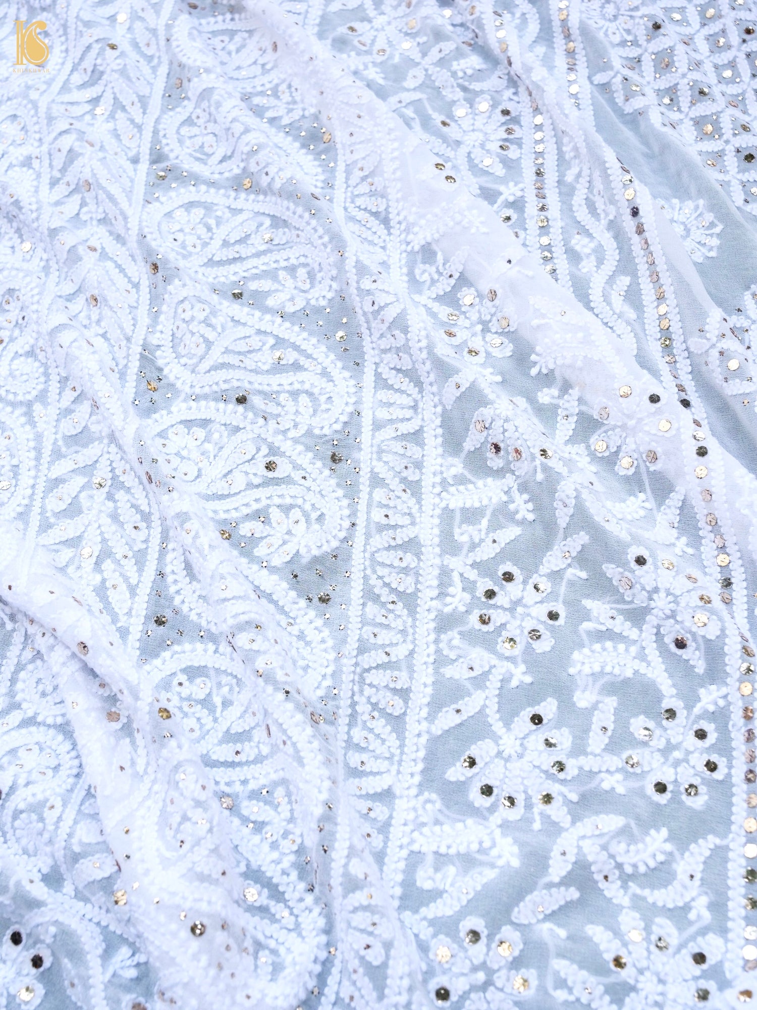 Pure Georgette Chikankari Mukaish Dupatta in White