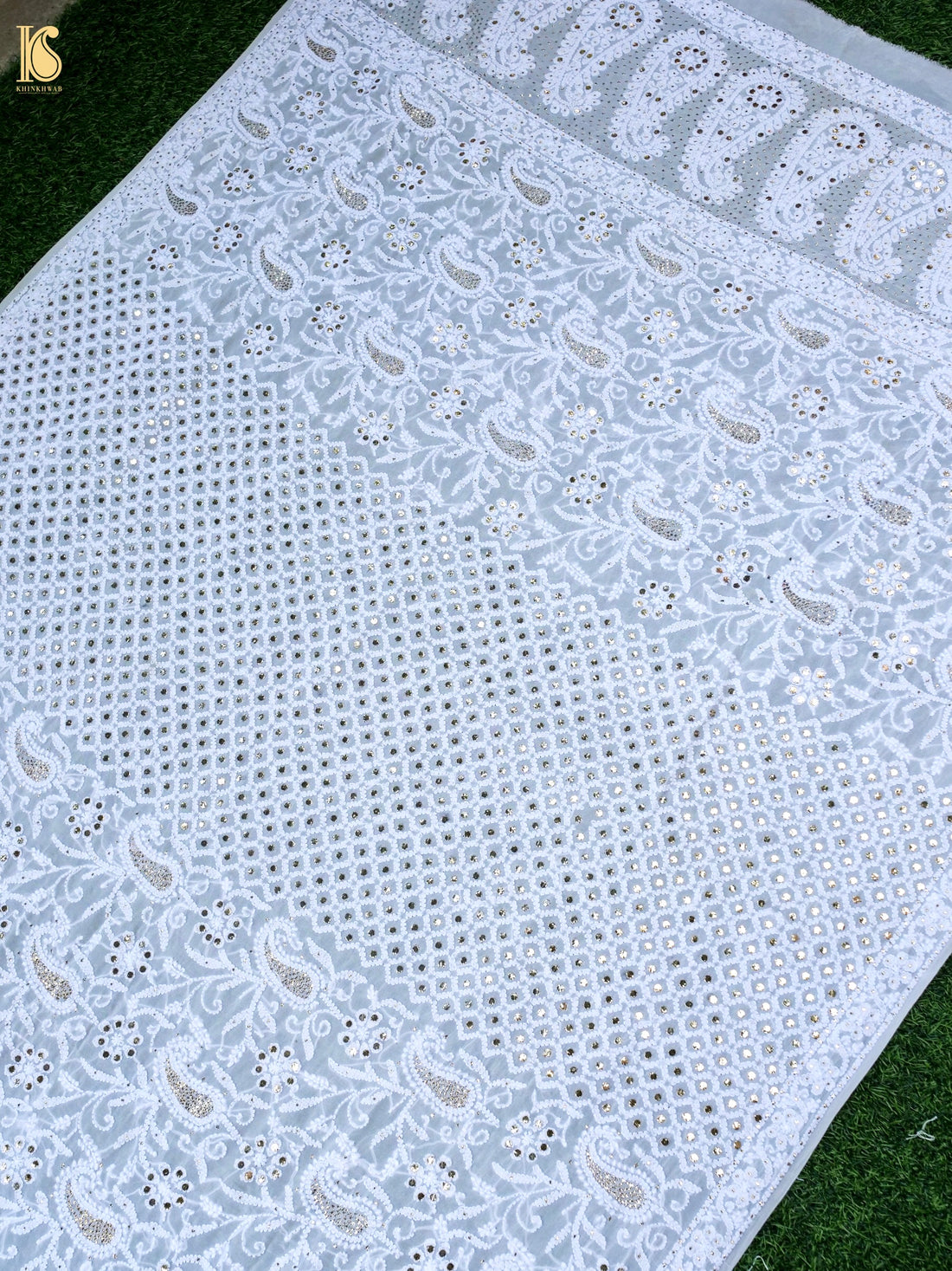 Pure Georgette Chikankari Mukaish Kalgha Dupatta in White