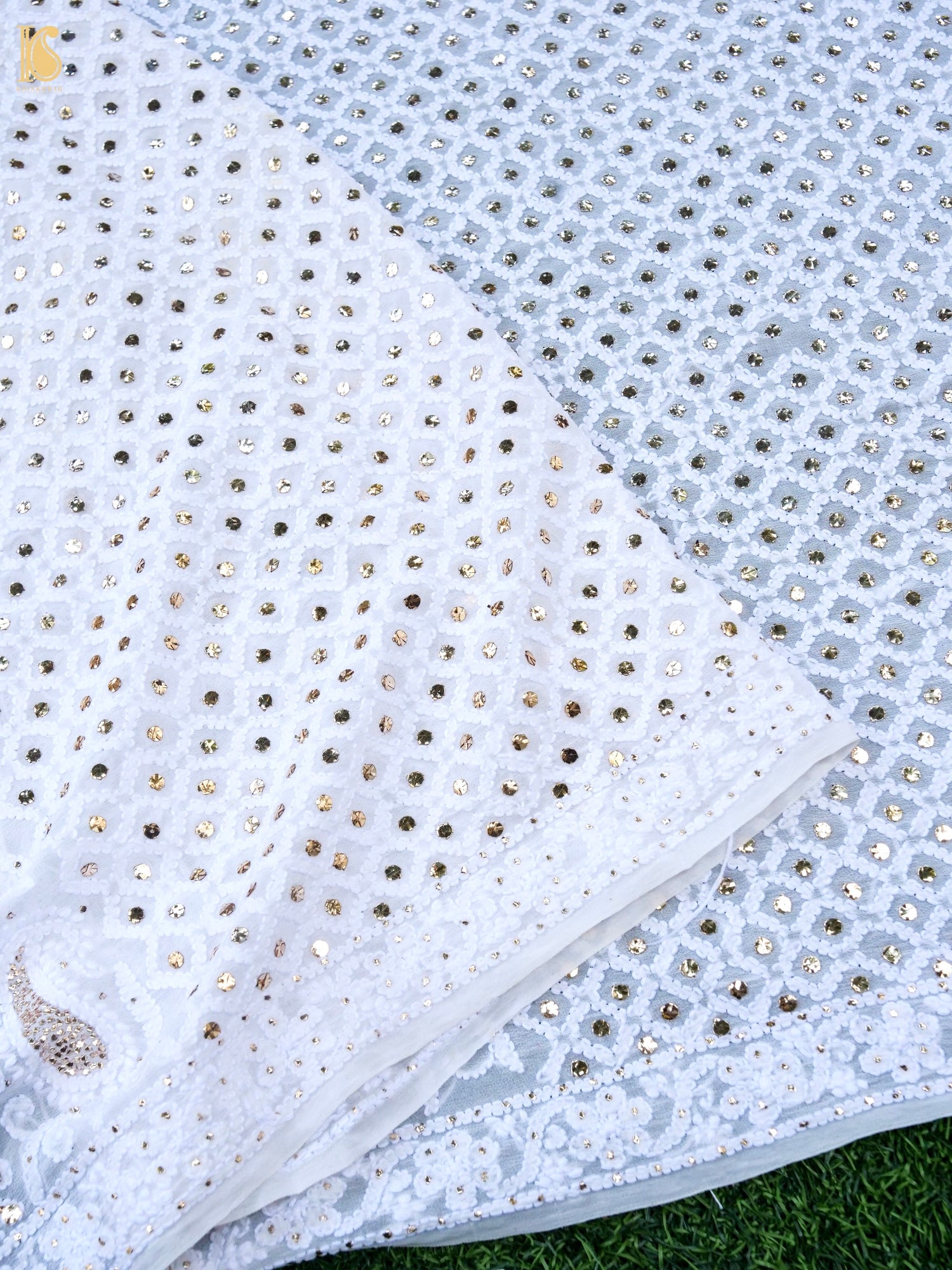 Pure Georgette Chikankari Mukaish Kalgha Dupatta in White