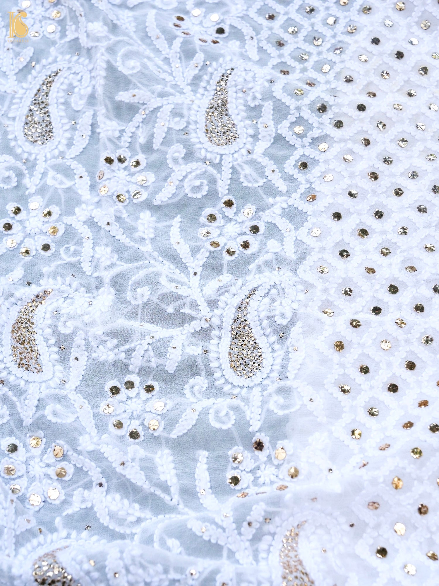 Pure Georgette Chikankari Mukaish Kalgha Dupatta in White