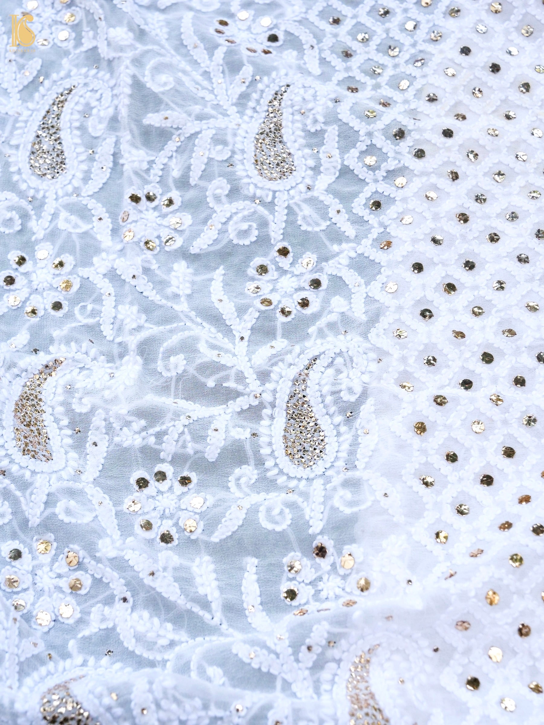 Pure Georgette Chikankari Mukaish Kalgha Dupatta in White