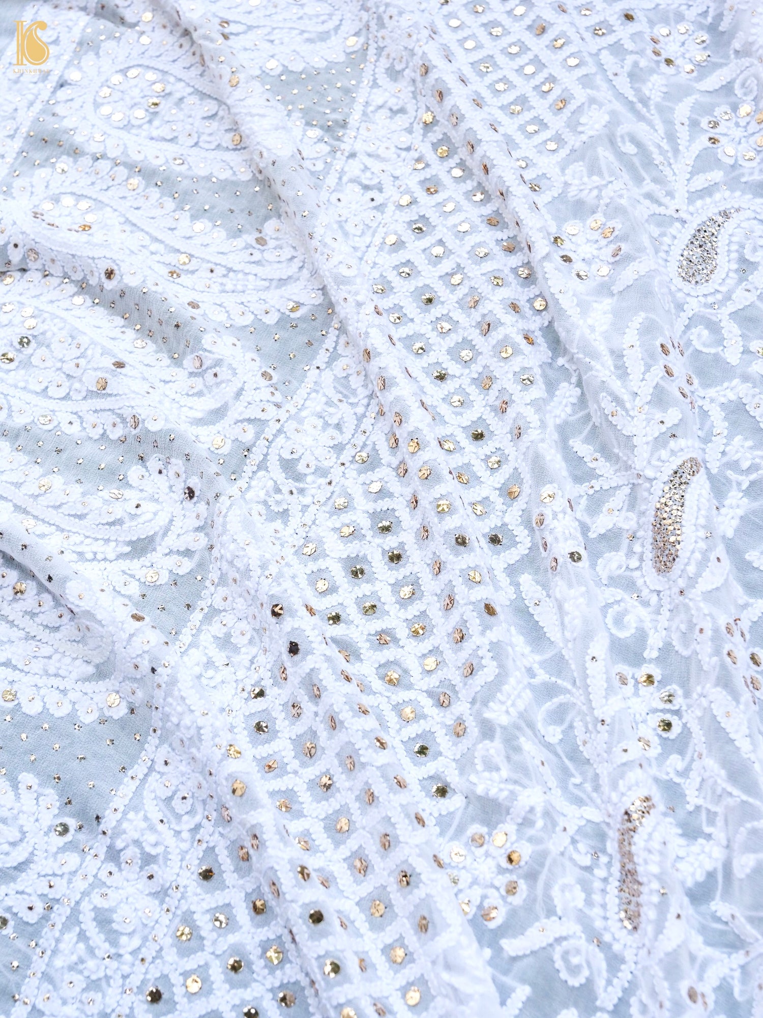 Pure Georgette Chikankari Mukaish Kalgha Dupatta in White
