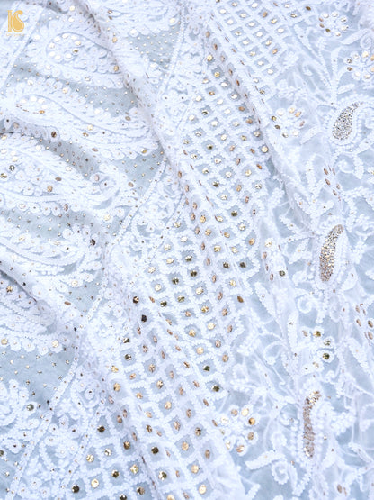 Pure Georgette Chikankari Mukaish Kalgha Dupatta in White