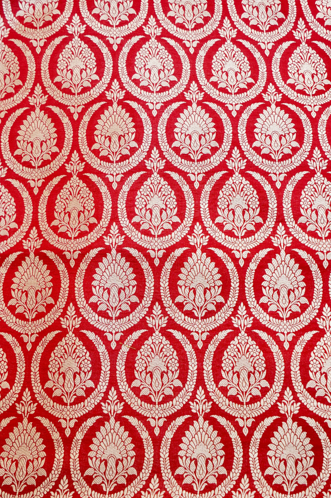 Pure Brocade Banarasi Medallion Jaal Fabric in Red - Khinkhwab