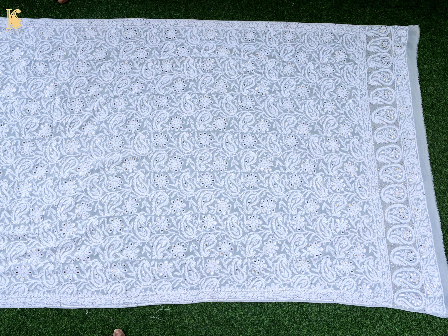 Pure Georgette Chikankari Mukaish Phulwar Jaal Dupatta in White
