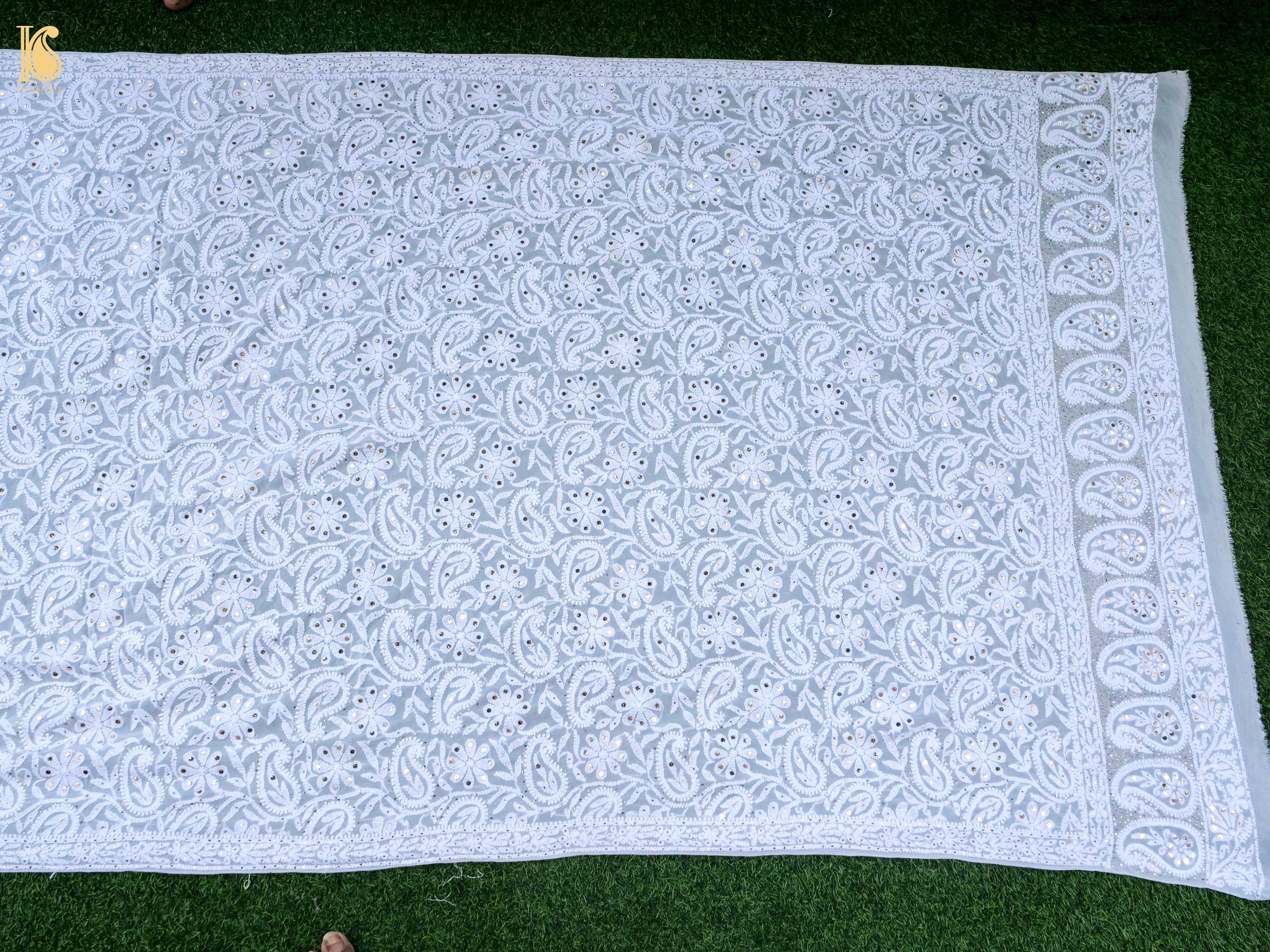 Pure Georgette Chikankari Mukaish Phulwar Jaal Dupatta in White
