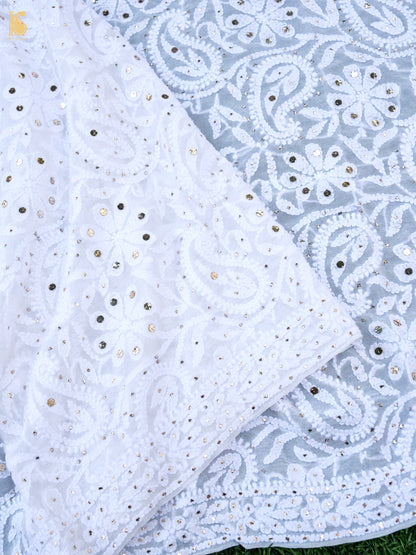 Pure Georgette Chikankari Mukaish Phulwar Jaal Dupatta in White