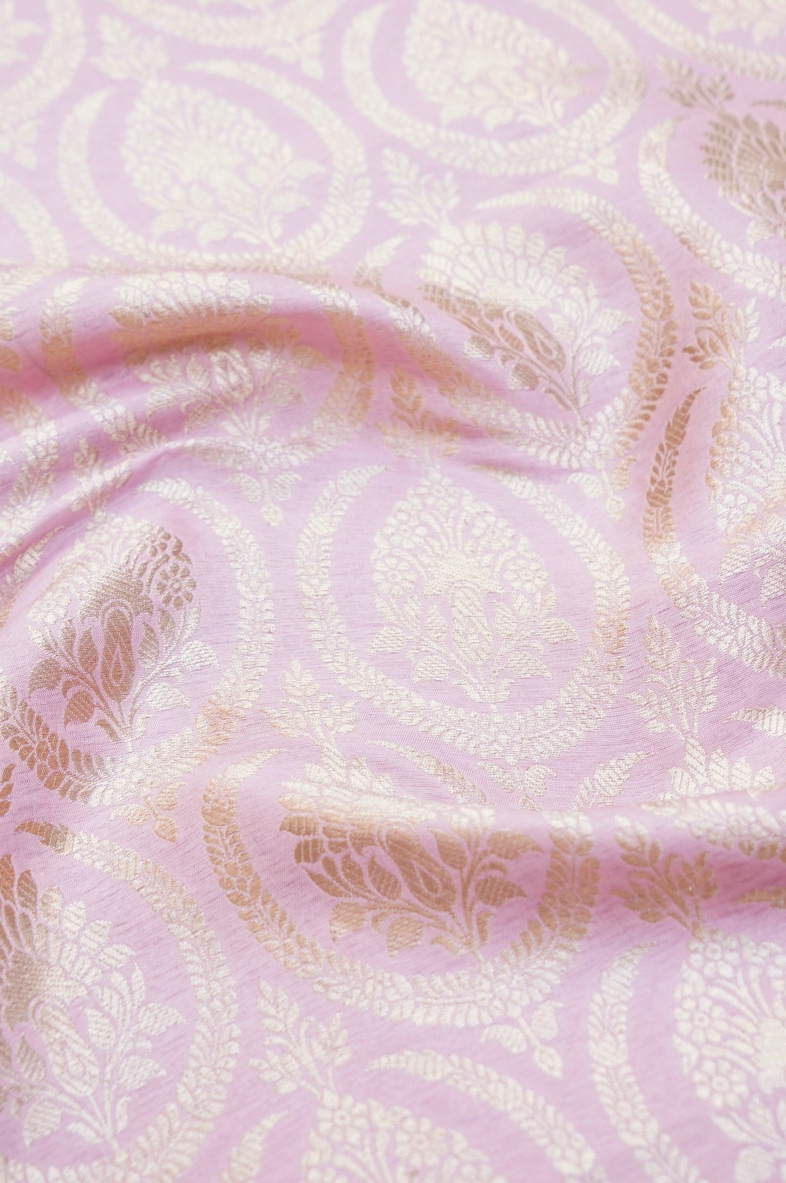 Pure Brocade Banarasi Medallion Jaal Fabric in Pink - Khinkhwab