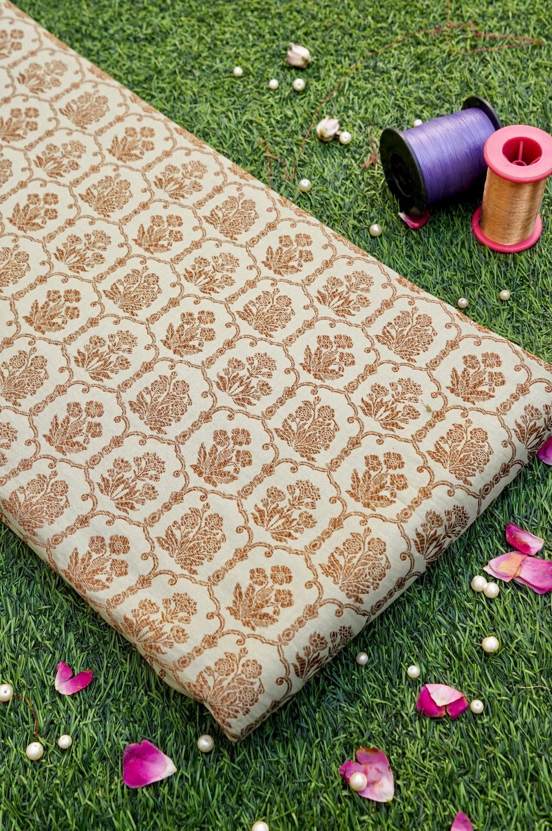 Pure Brocade Banarasi Fabric in Beige Floral Jaal - Khinkhwab