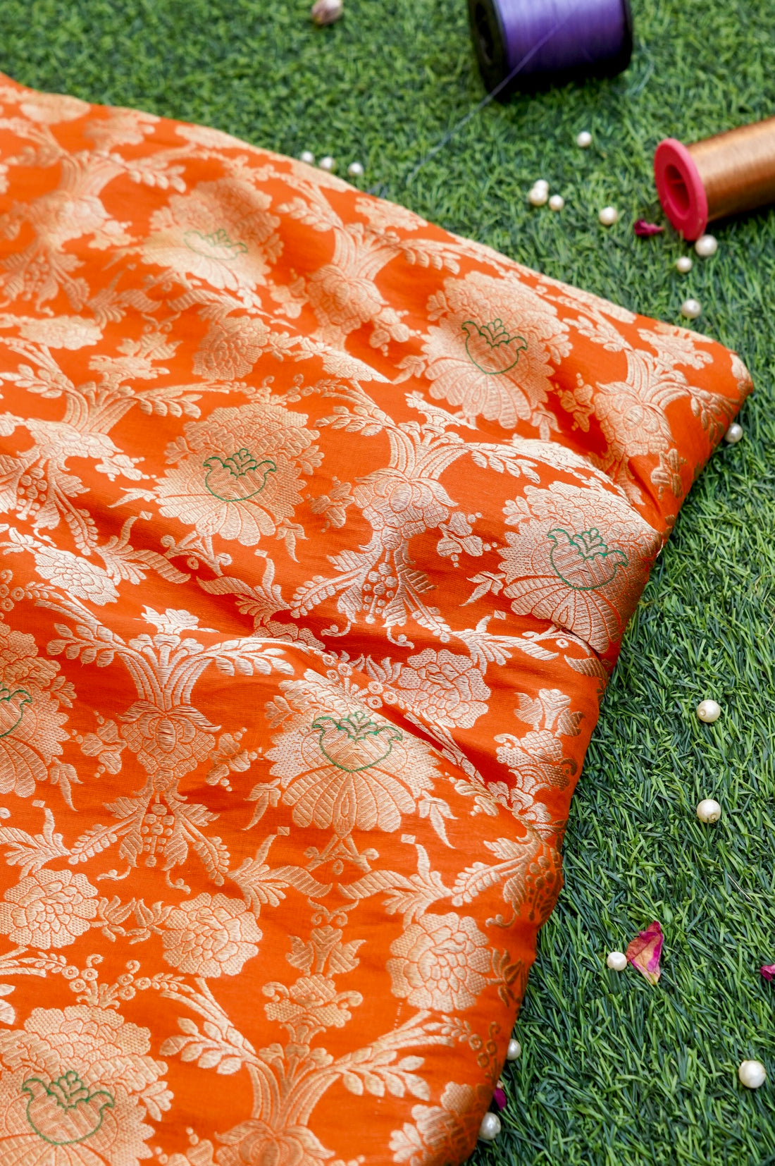 Pure Brocade Banarasi Mehraab Fabric in Orange - Khinkhwab