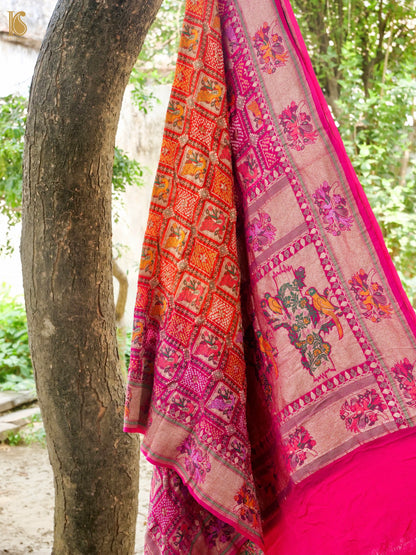 Georgette Banarasi Bandhani Bird Dupatta in Orange Magenta
