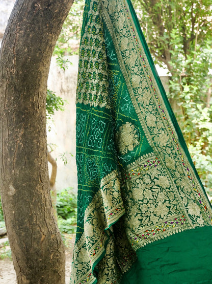 Georgette Banarasi Bandhani Diamond Jaal Dupatta in Bottle Green