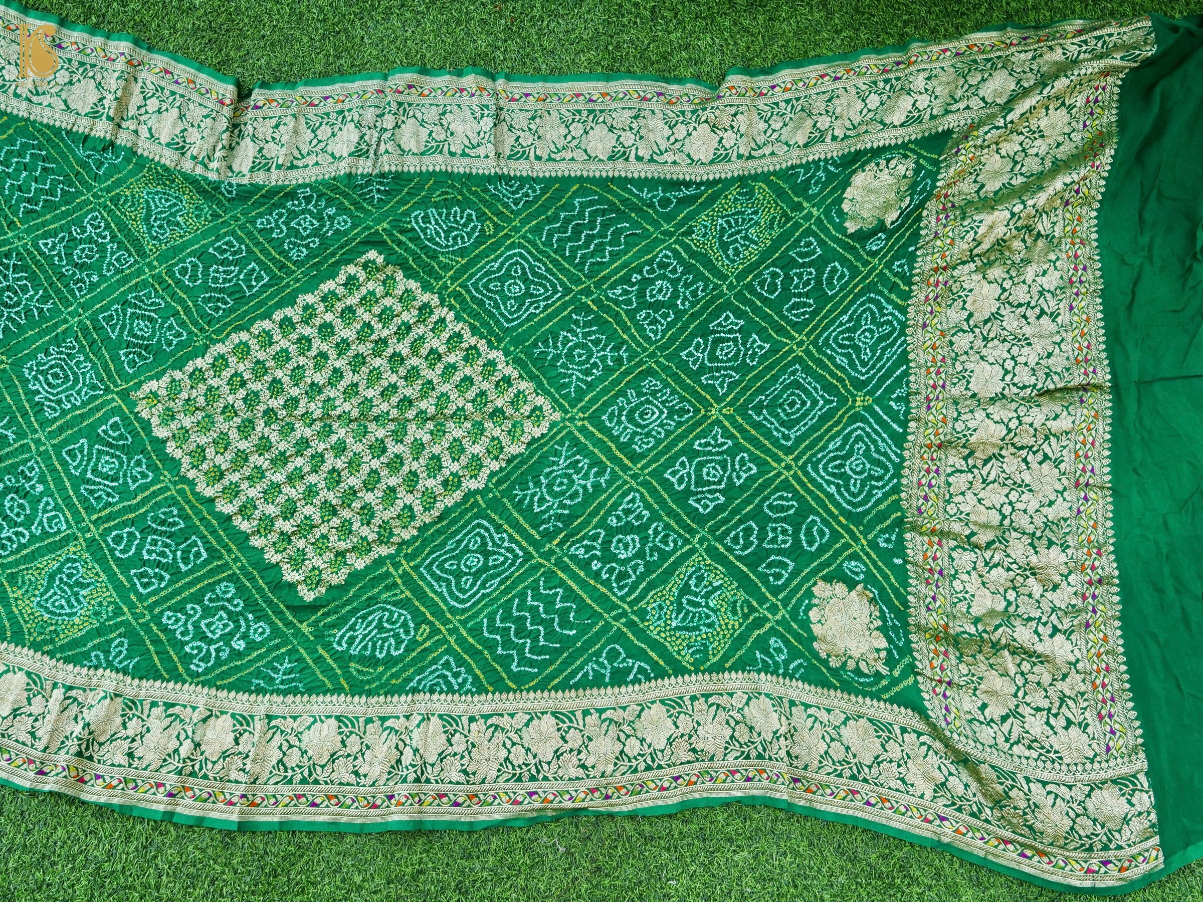 Georgette Banarasi Bandhani Diamond Jaal Dupatta in Bottle Green