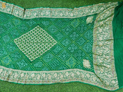 Georgette Banarasi Bandhani Diamond Jaal Dupatta in Bottle Green
