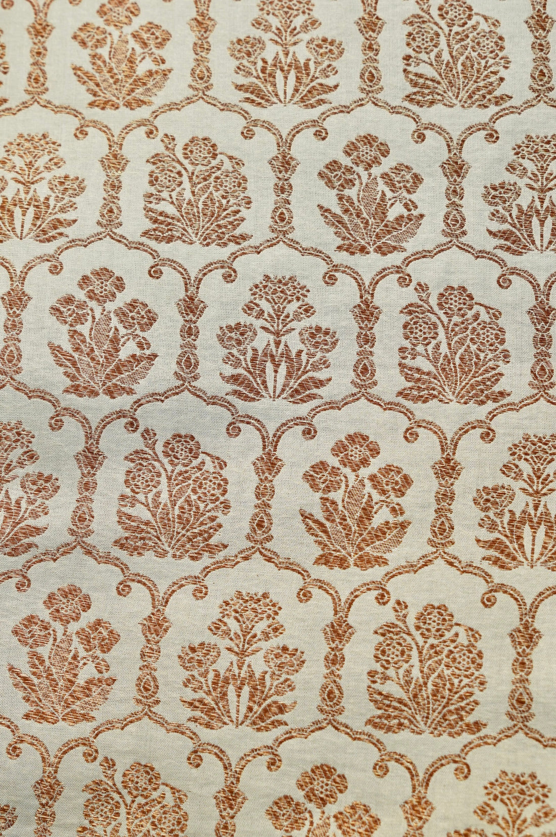 Pure Brocade Banarasi Fabric in Beige Floral Jaal - Khinkhwab