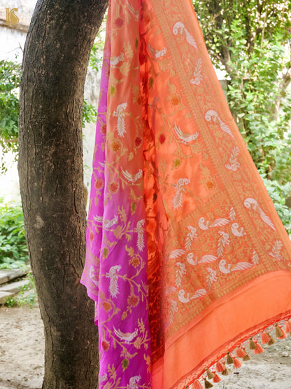 Banarasi Georgette Meenakari Dupatta in Pink and Orange - Birds of Paradise