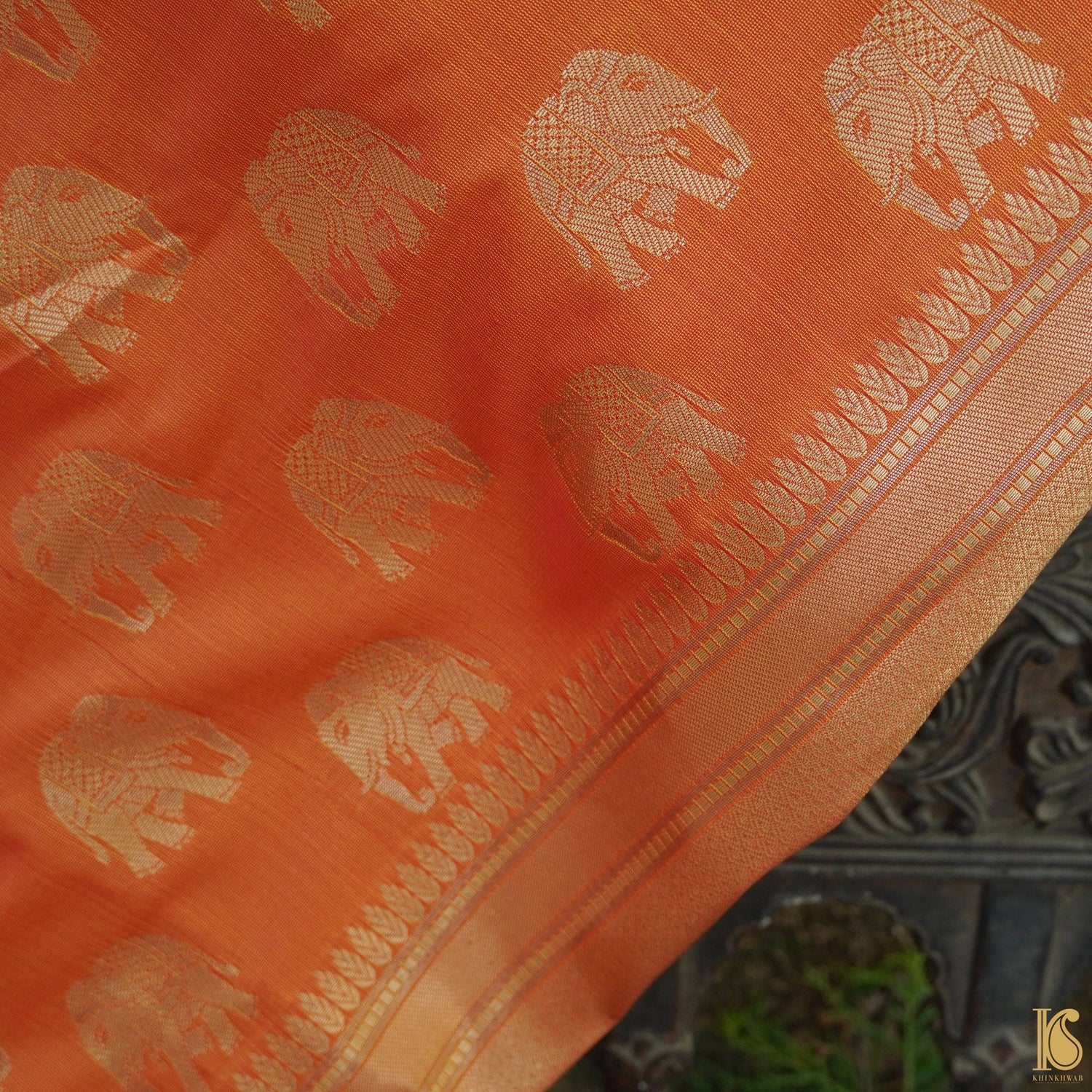 Orange Banarasi Semi Silk Elephant Fabric with Border