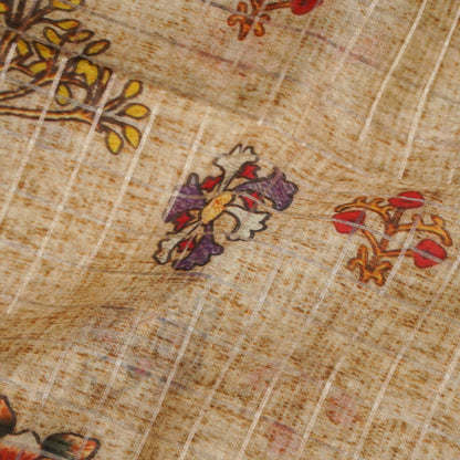 Beige Pure Chanderi Silk with Zari Checks Print Fabric