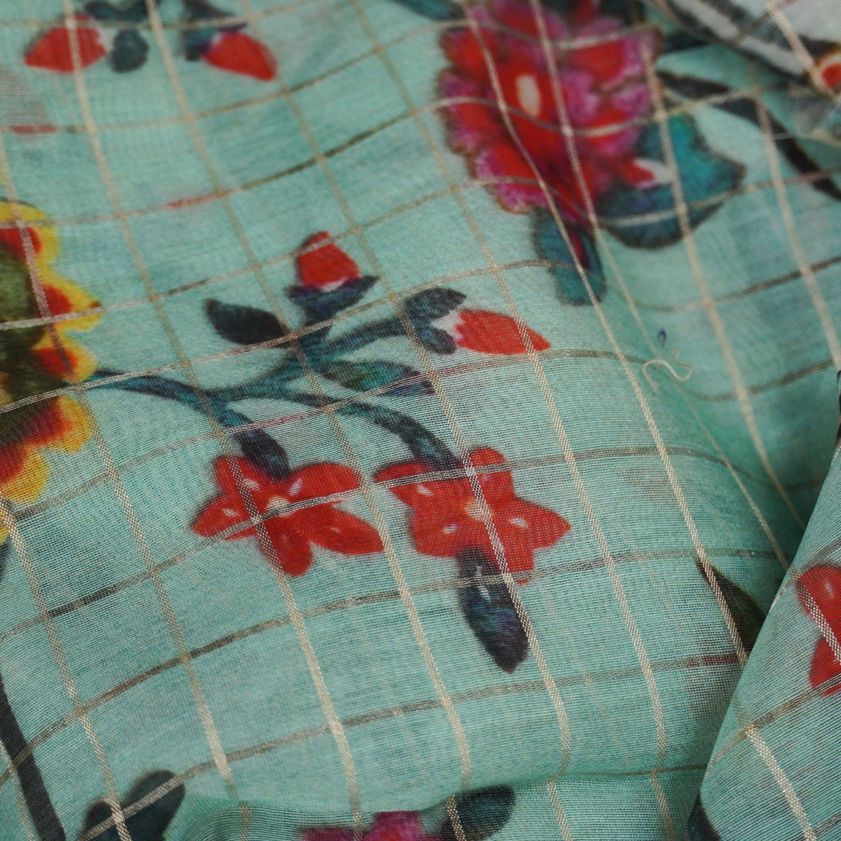 Blue Pure Chanderi Silk with Zari Checks Print Fabric