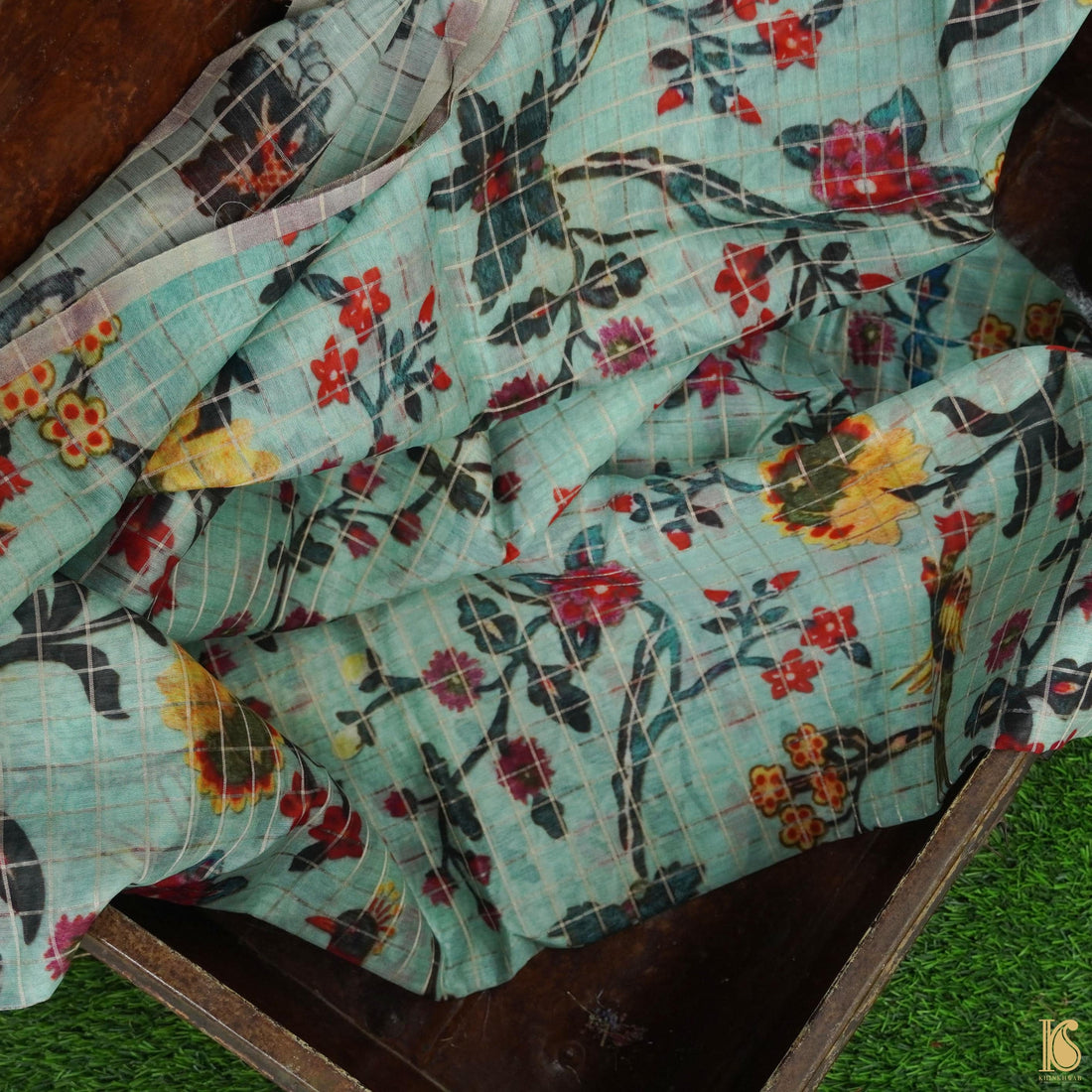 Blue Pure Chanderi Silk with Zari Checks Print Fabric