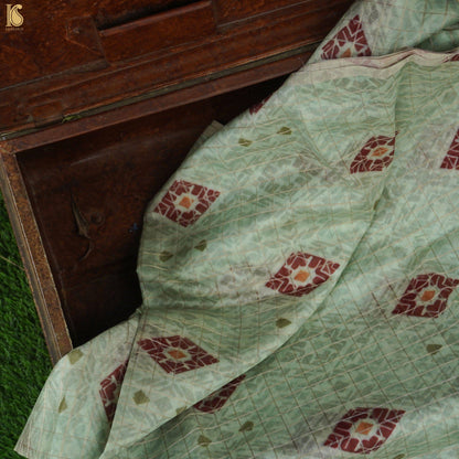 Green Pure Chanderi Silk with Zari Checks Print Fabric