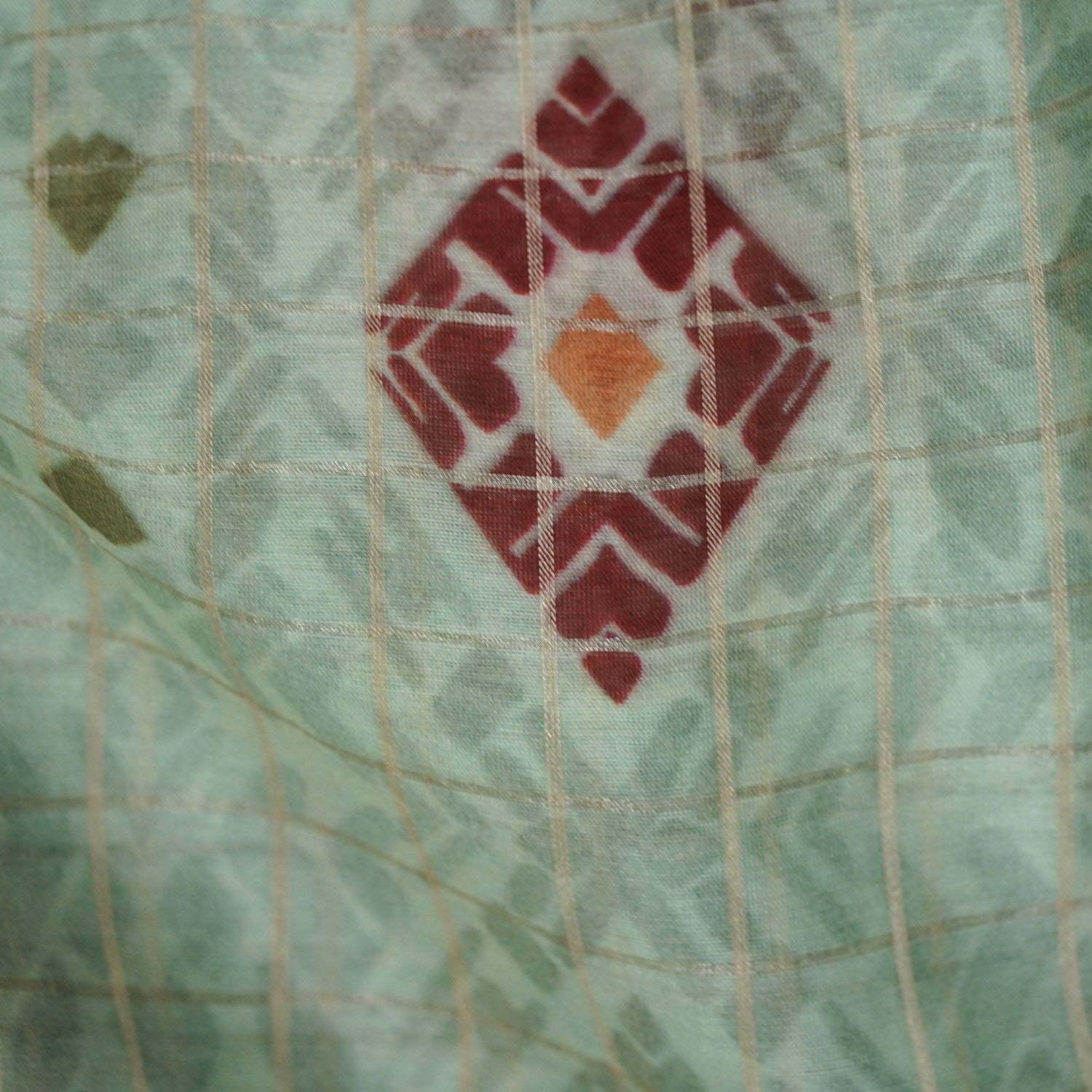 Green Pure Chanderi Silk with Zari Checks Print Fabric