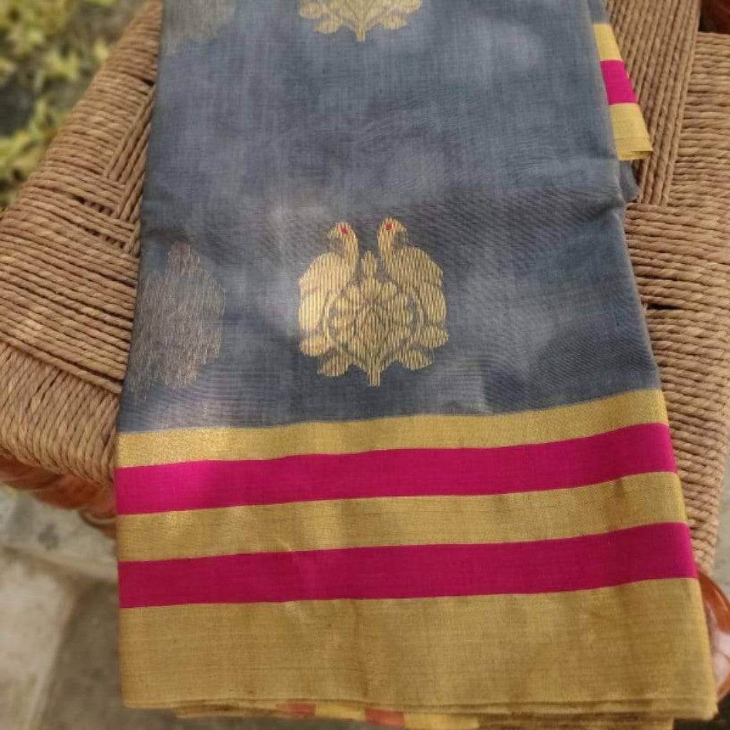 Grey Pure Chanderi Cotton Silk Handwoven Saree - Khinkhwab