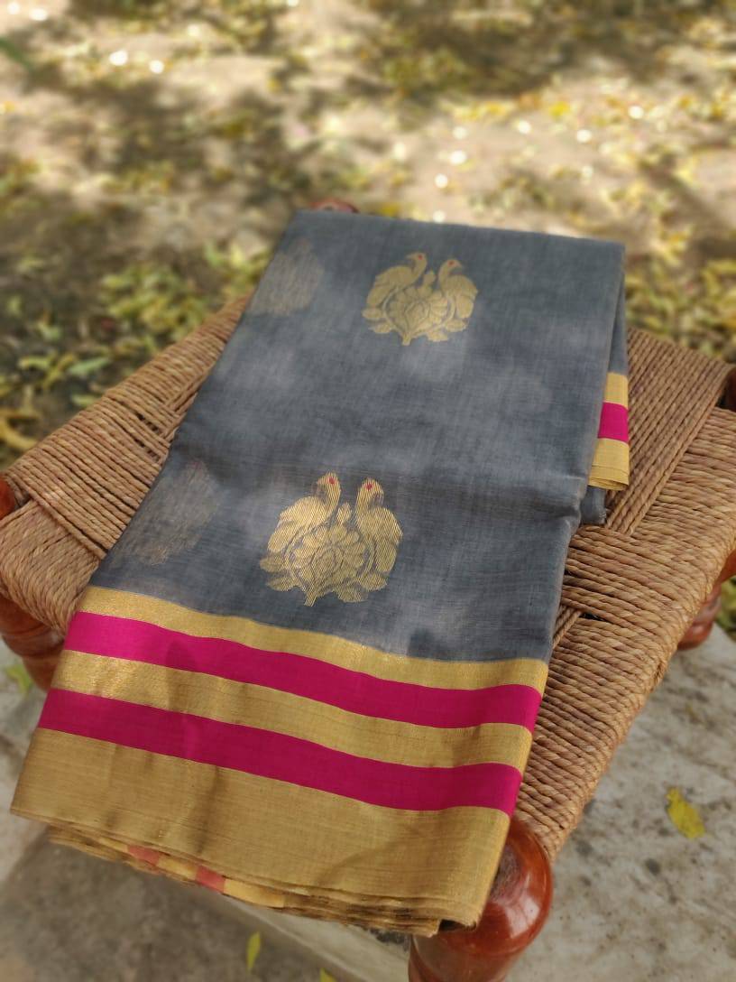 Grey Pure Chanderi Cotton Silk Handwoven Saree - Khinkhwab