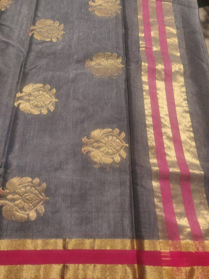 Grey Pure Chanderi Cotton Silk Handwoven Saree - Khinkhwab