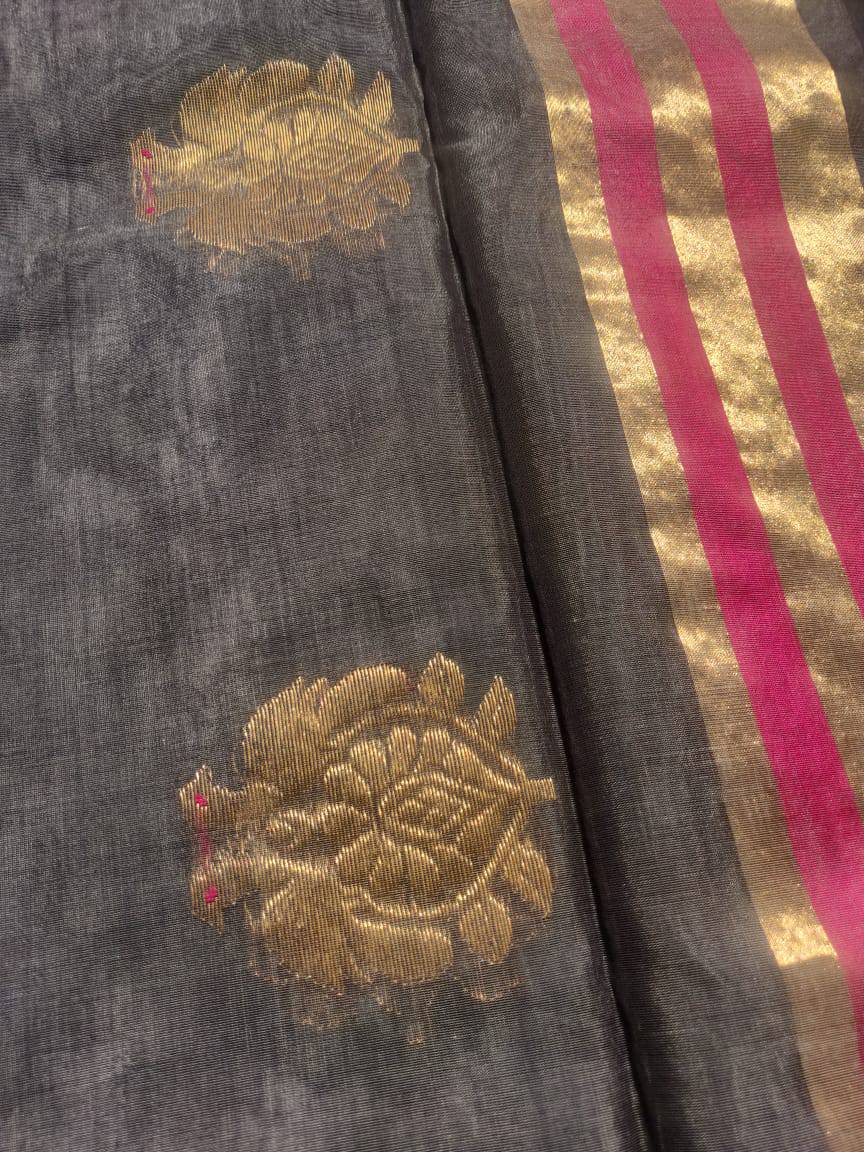 Grey Pure Chanderi Cotton Silk Handwoven Saree - Khinkhwab