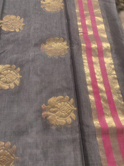 Grey Pure Chanderi Cotton Silk Handwoven Saree - Khinkhwab