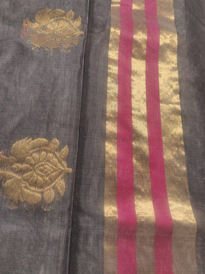 Grey Pure Chanderi Cotton Silk Handwoven Saree - Khinkhwab