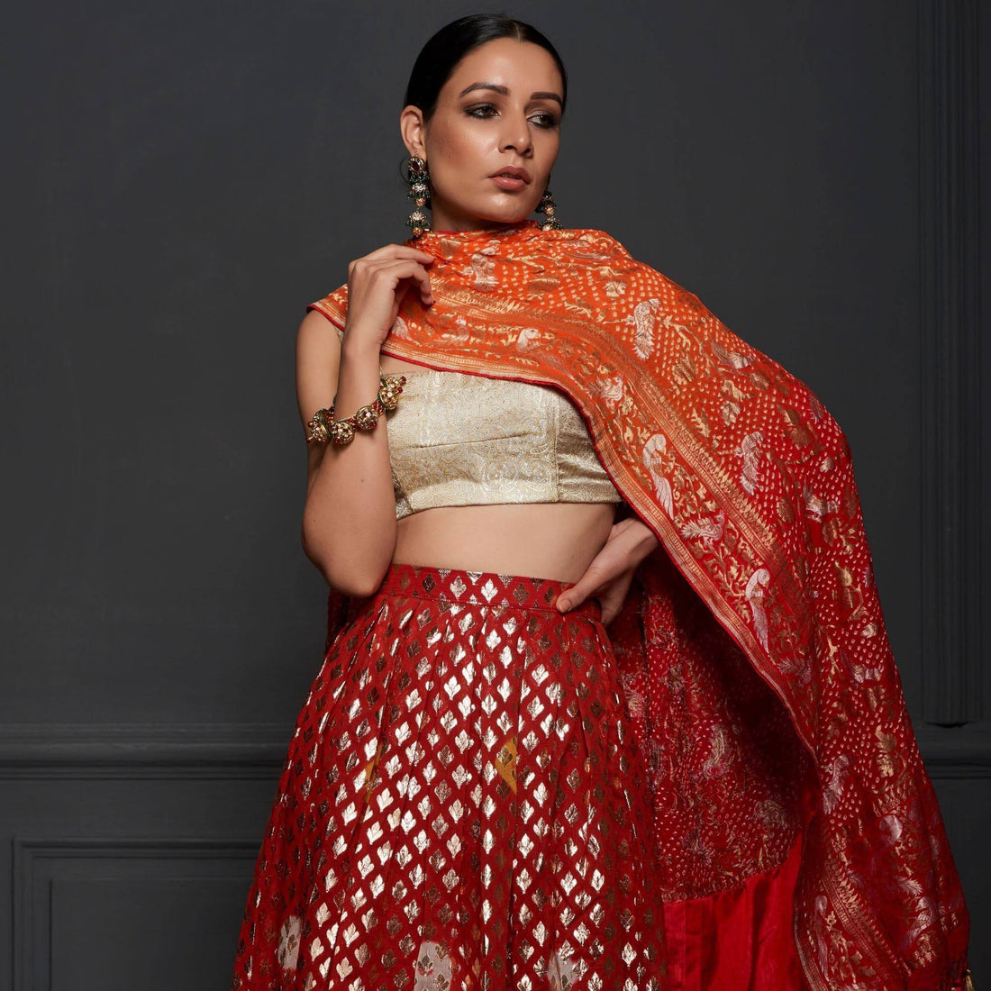 Orange Chanderi Banarasi Stitched Lehenga