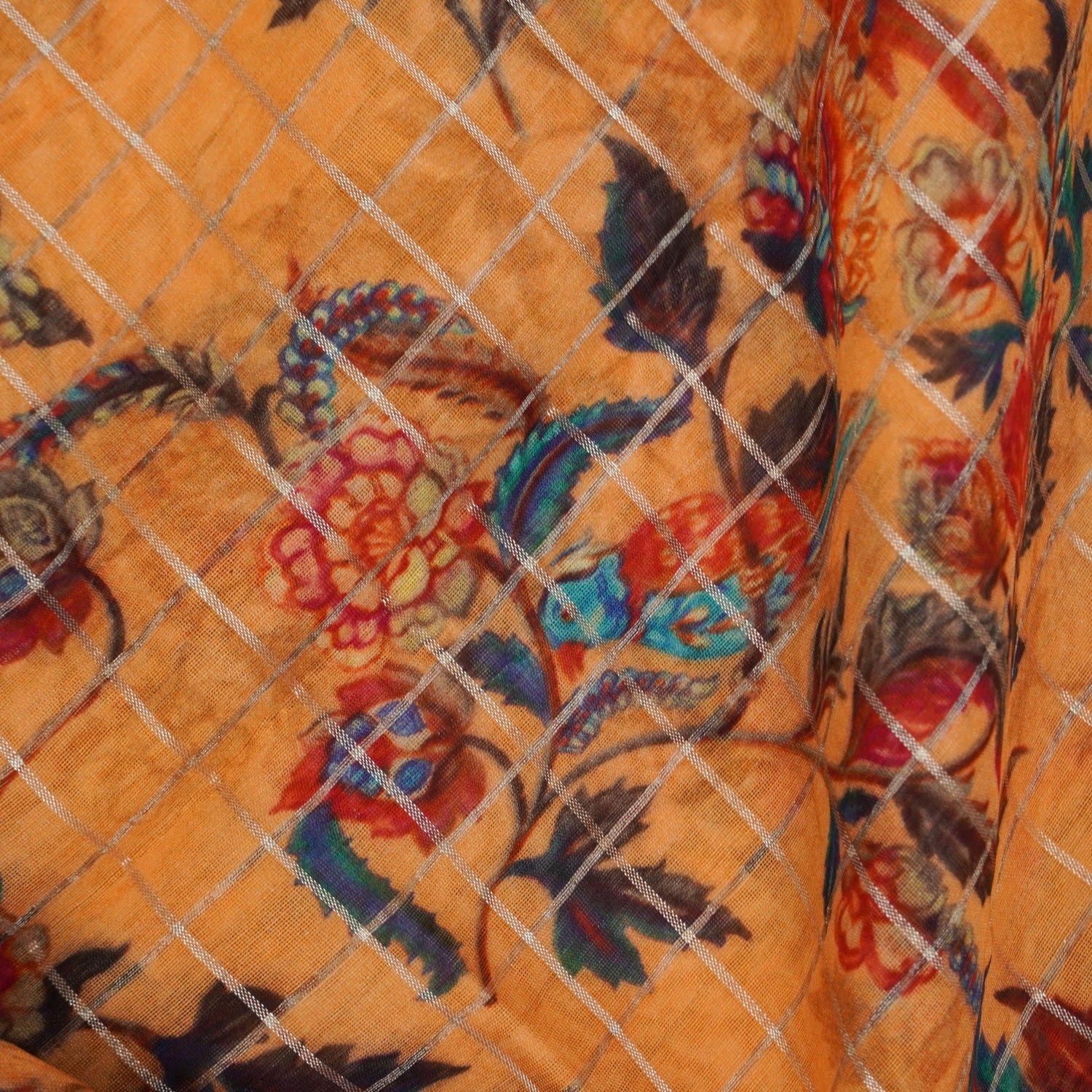 Orange Pure Chanderi Silk with Zari Checks Print Fabric