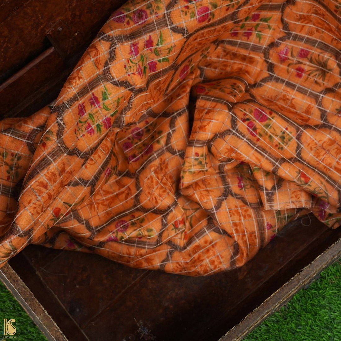 Orange Pure Chanderi Silk with Zari Checks Print Fabric