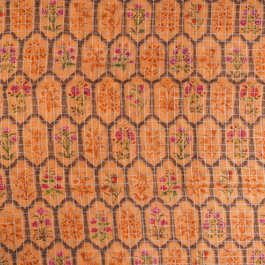 Orange Pure Chanderi Silk with Zari Checks Print Fabric