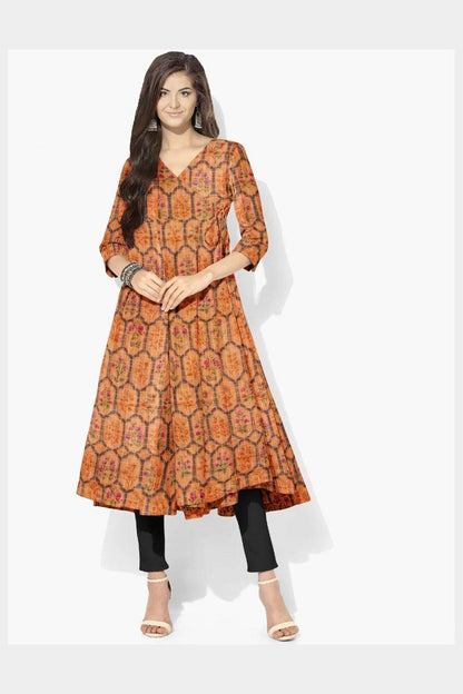 Orange Pure Chanderi Silk with Zari Checks Print Fabric